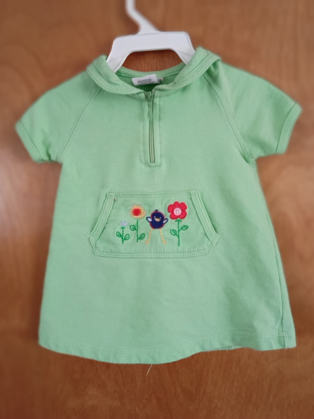 Carter's Light Green Hooded Short-Sleeve Dress with Floral Embroidery